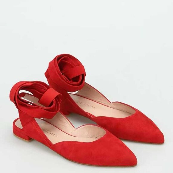 NIB Authentic Stuart Weitzman "Supersonic" Red Suede Ankle-Wrap Flats - Picture 5 of 6